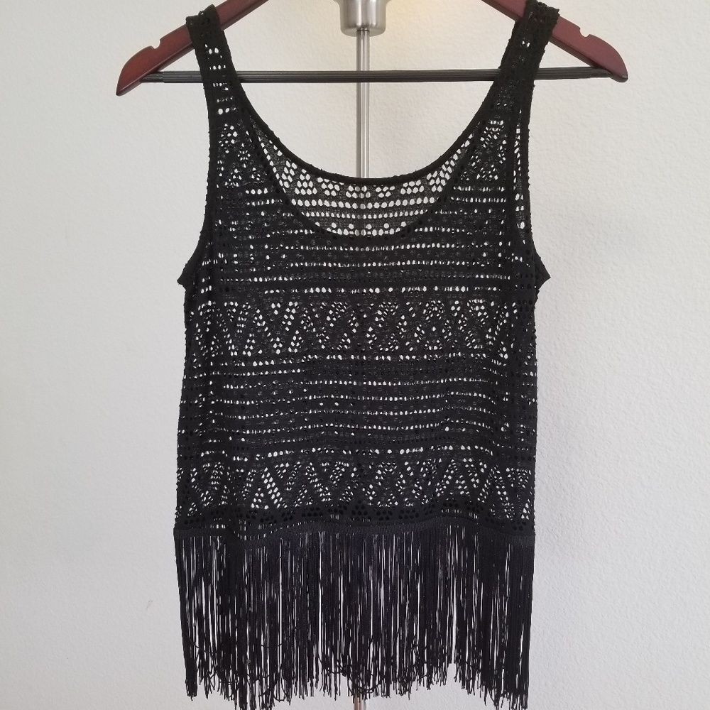 H&M Black Mesh Tribal Beach Fringe Tank Top